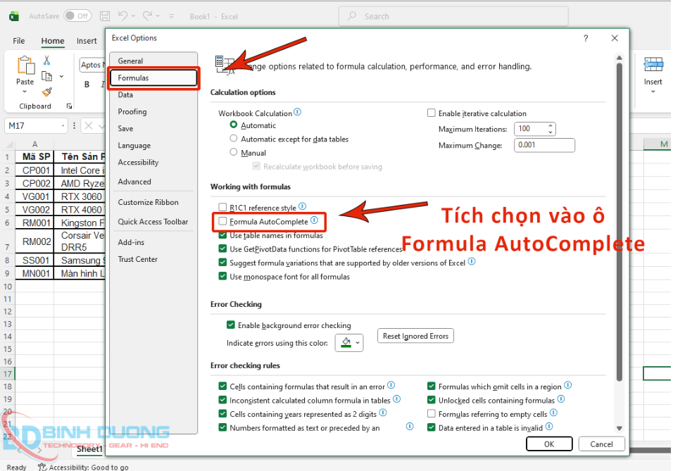 Kiểm tra cài đặt Formula AutoComplete