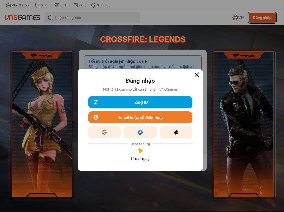 Trang nhập code Crossfire Legends