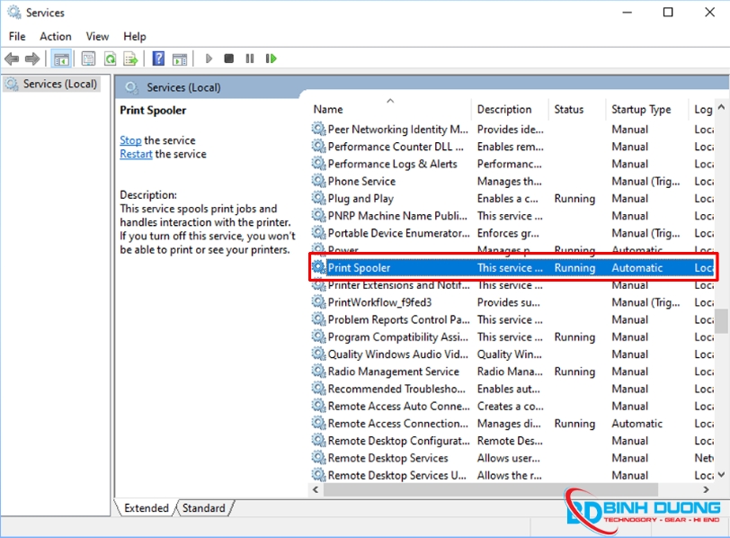 Khởi động lại dịch vụ Print Spooler