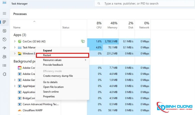 Khởi động lại Windows Explorer