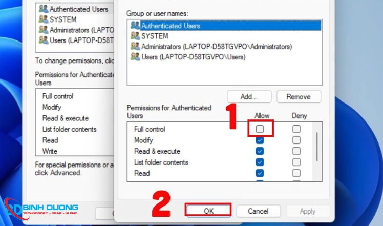 Tại mục Permissions, tích vào ô Full control và nhấn Apply.