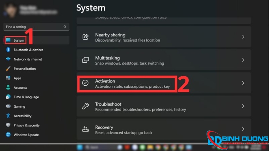 Chọn mục System > Tìm đến phần Activation.