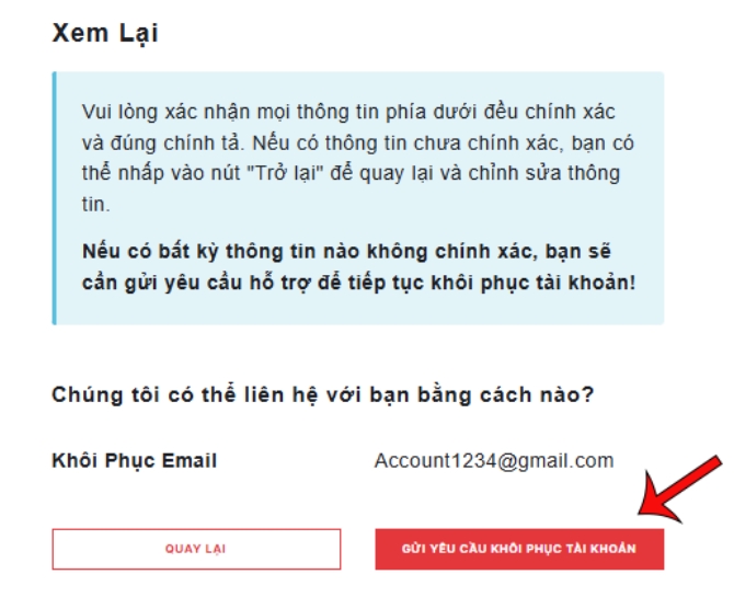 Gửi yêu cầu khôi phục tài khoản