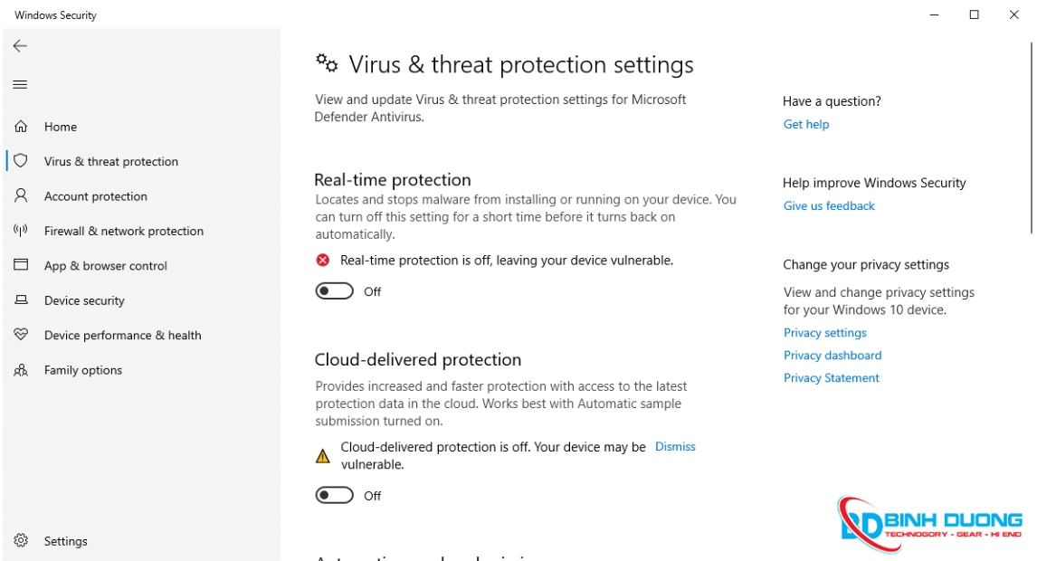 Tắt Real-time protection